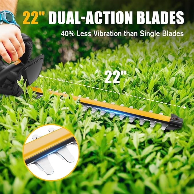 Cordless Hedge Trimmer Compatible with DeWalt 20V MAX Battery, 22-Inch Electric Bush Trimmer with Dual-Action Blade, 5/8-Inch Cutting Capacity, Lightweight Shrub Trimmer for Gardening (Tool Only)