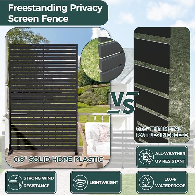 Privacy Screen Outdoor 72" Freestanding Privacy Panel with Stand, HDPE Decorative Privacy Fence with Louver Pattern, Air Conditioner Fence, Patio Divider Privacy Screens for Outside, Balcony