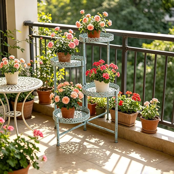 4-Tier Vintage Distressed Blue Metal Plant Stand, Foldable Corner Flower Pot Holder Shelf for Indoor Outdoor, Rustic Plant Rack for Patio Porch Garden Balcony Living Room