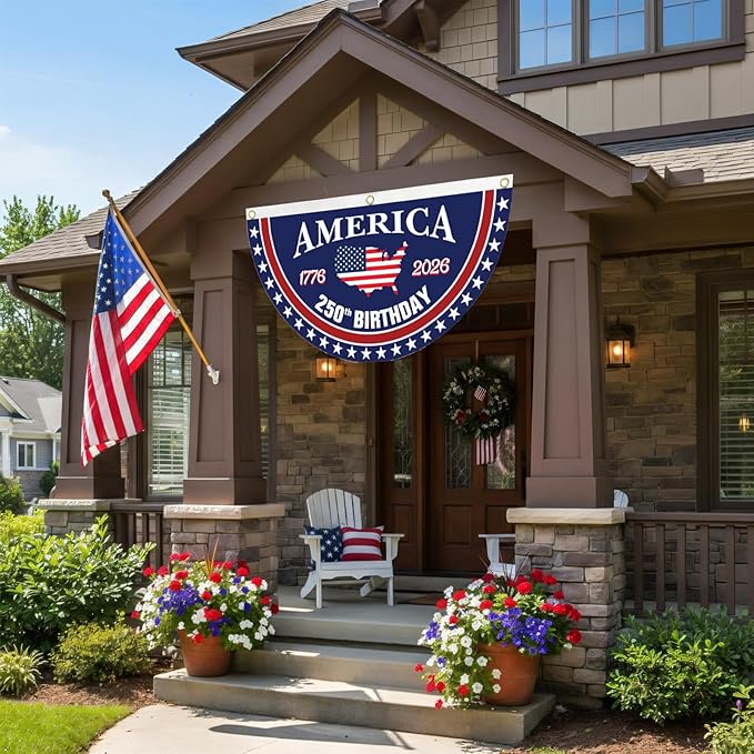 WENWELL 250 year anniversary Birthday Bunting Flag, Patriotic USA Anniversary Fan Banner 1776-2026, 2x4 FT, Navy Blue Red White, with Brass Grommets 2 Pack