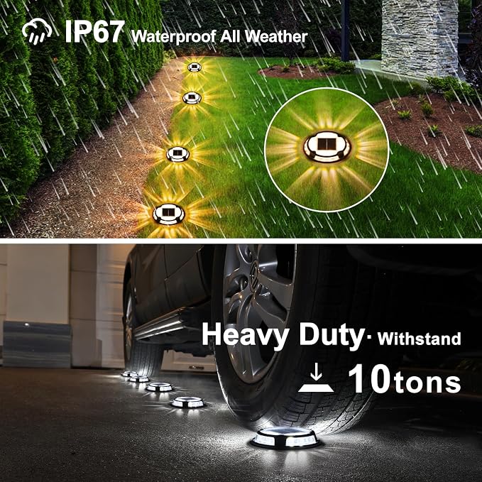 VOLISUN Solar Driveway Deck Lights Dock Marine Lights,12 Pack Solar Ground Light 2 Colors in 1 led Waterproof,Driveway Marker Light for Pathway Warning Step (White/Warm White),Auto On/Off