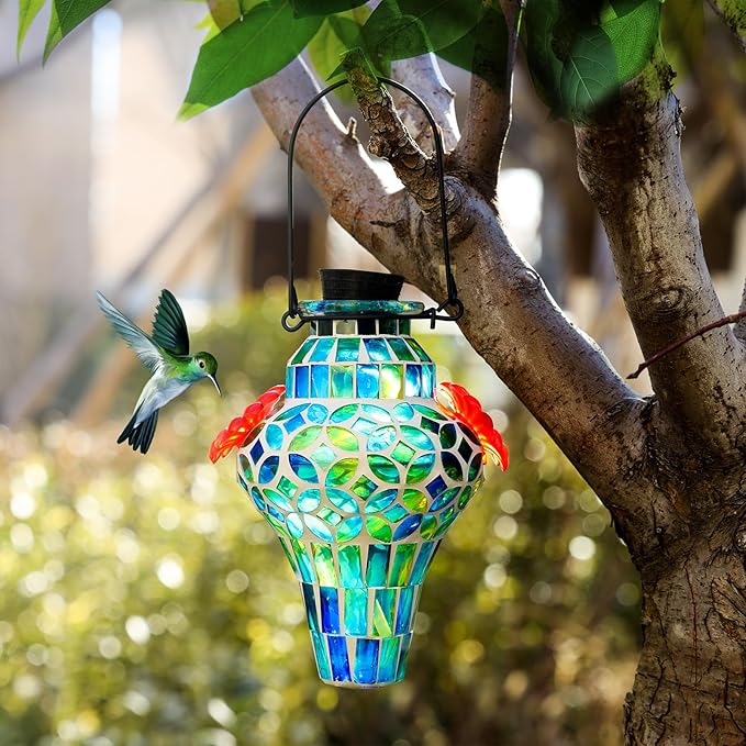 VOREEN Mosaic Glass Hummingbird Feeders for Outdoors Hanging, Hand Blown Hummingbird Feeders, Porch Garden Backyard Decor, Decorative Gift for Mom Wife Friend, 2pcs, Blue and Purple