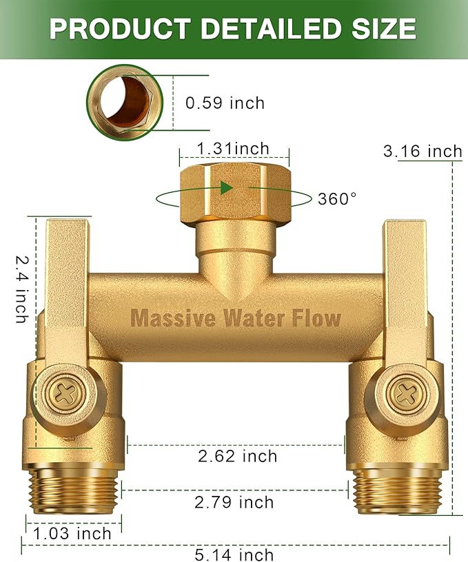 Hose Splitter 2 Way Heavy Duty, Solid Brass Full Flow Outdoor Faucet and Garden Hose Splitters, Water Spigot Splitter T Adapter, All Metal Water Connector with Shut-Off Valve, 3/4 - Inch GHT Thread