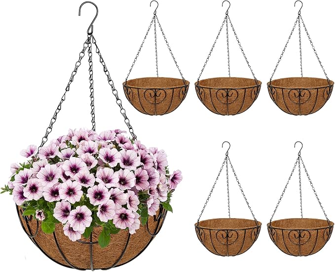 12 inch Metal Hanging Baskets for Plants Outdoor, 6 Pack Metal Wire Hanging Basket Planter with Coco Liner Flower Pots for Indoor Outdoor Garden Porch Patio, Heart-Shaped