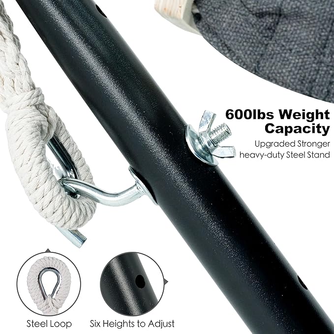 GAFETE Double Hammock with Stand for Outside, Upgraded Spreader Bar, Heavy Duty Space Saving Steel Stand 2 Person, Side Pocket, Easy Assembly, 600lbs Weight Capacity, Indoor & Outdoor (Dark Grey)