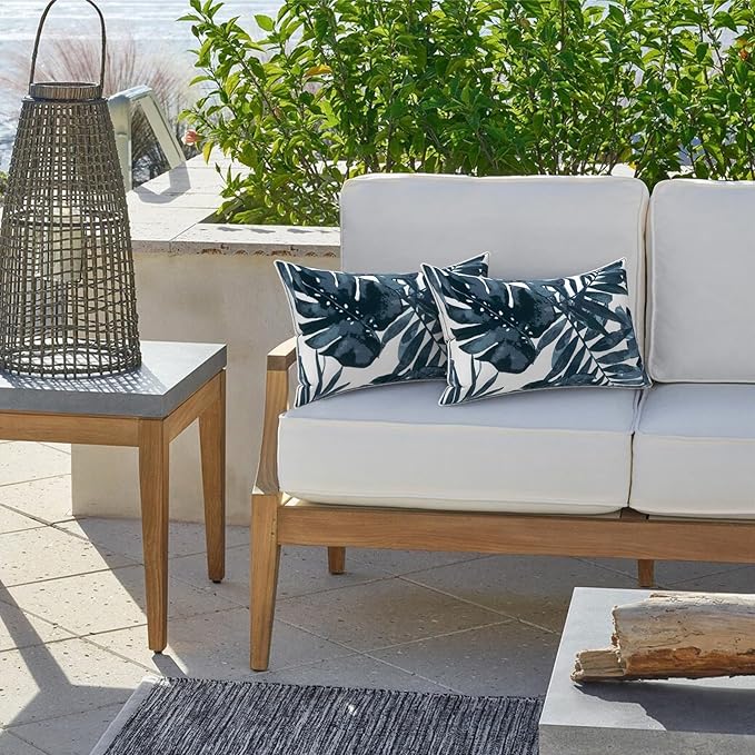 LVTXIII 2 Pack Outdoor Lumbar Pillow Covers 12x20 Inch with Piping, Water-Repellent Back Cushion Covers ONLY for Patio Furniture, Sofa, Garden Bench, Palm Blue