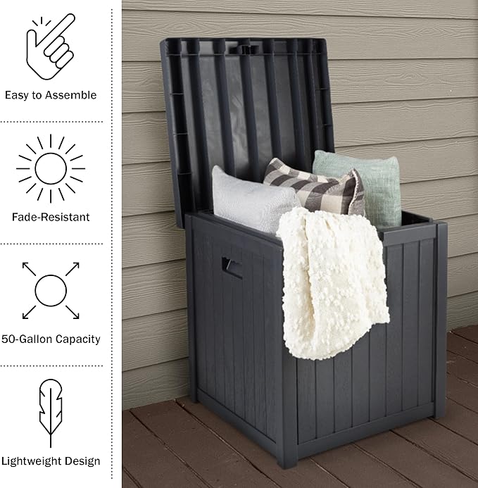 Pure Garden Outdoor Storage Box, 50-Gallon Waterproof Deck Box, Durable Resin Storage Box with Snap-lock Lid and Built-in Handles for Backyard, Deck or Patio, Gray