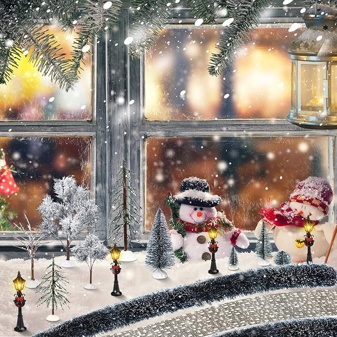 Hotop 18pc Christmas Village Accessories 47.2 Inch Village Roads Mini Snowy Trees Streets Light Lamppost Hedge Figurines Set for Display Winter Holiday Decorations DIY Crafts No Batteries(Chill)