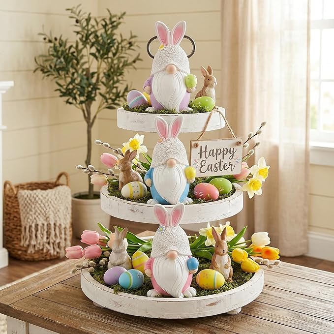 GoGnome Easter Gnome Figurines Set of 3 – Bunny Ear Resin Gnome Easter Decorations for Home | Spring Tabletop Decor, Tiered Tray Decorations, Cute Easter Bunny Gnomes (Pink/Blue/Purple)