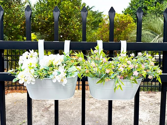 12" Balcony Railing Planters, Outdoor Hanging Planter for Fence, Stylish Metal Porch Deck Flower Pot for Herbs & Succulents (White, Pack of 6)