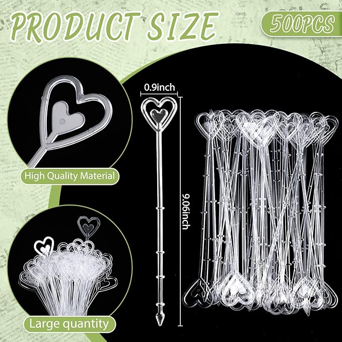 Patelai 500 Pcs Plastic Floral Pick Card Holders Clear Heart Shaped Flower Place Card Holders Clips for Wedding Bouquet Birthday Party Supply, 9 Inches