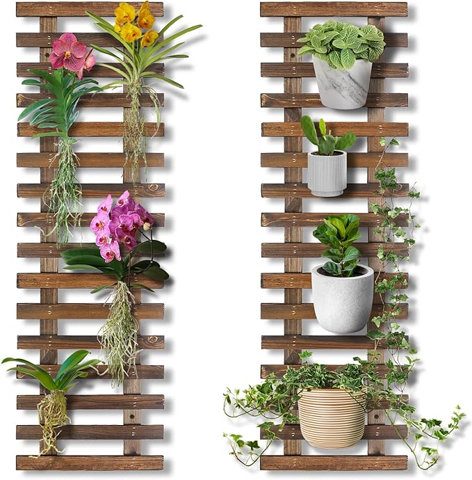 Mulctun 2 Pcs Wall Planters - 11.4"W x 35.43"H Wooden Wall Planters for Indoor Outdoor Plants,Hanging Wood Wall Trellis,Wall Mounted Plant Holder for Orchids,Succulent,Air Plants,Hanging Pots Display