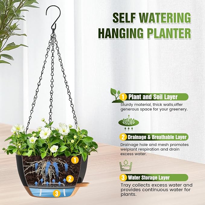 8 Inch Self Watering Hanging Planters, 3 Pack Plastic Plant Pots | Sturdy lightweight pot with side watering lip, drainage holes, snap-on detachable tray & hanging chain for easy care