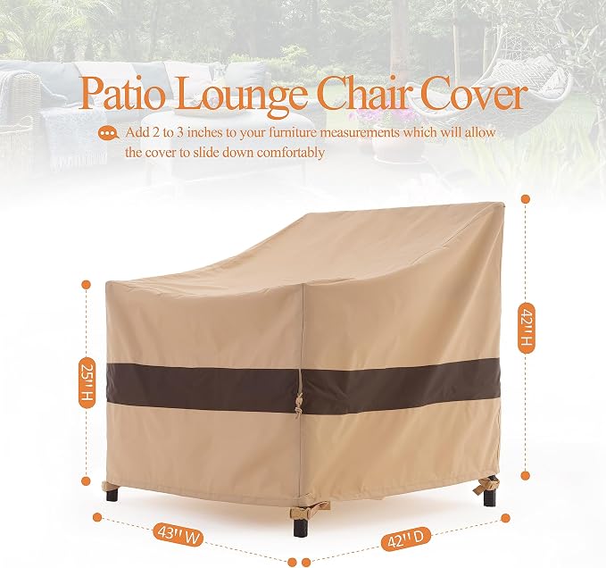 WJ-X3 Patio Chair Cover, Outdoor Lounge Cover, Heavy Duty, Waterproof Lawn Chair Covers, 43W x 42D x 42H, Beige/Coffee, 2-Pack