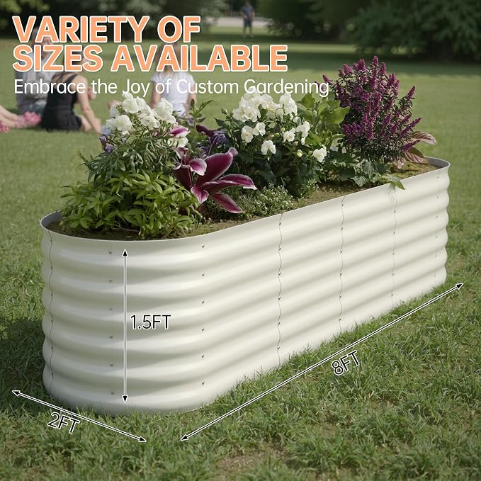 IDEALHOUSE 8x2x1.5 Ft Galvanized Metal Raised Garden Bed, 24-Inch Tall Outdoor Planter Box for Vegetables, Flowers & Herbs, Rust-Resistant Garden Beds for Backyard, Patio or Balcony, Beige