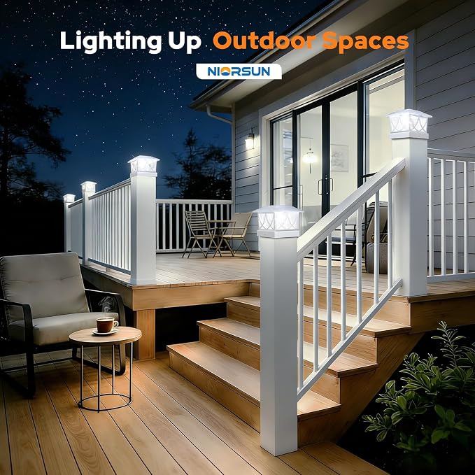 NIORSUN Solar Post Lights Outdoor, Fence Post Solar Lights with 3 Color Temps &2 Brightnesses, Edison LED Bulbs Fence Deck Decor, 4x4 Posts Caps, 4x4 &5x5 Vinyl, 4x4 &6x6 Wooden (4 Pack,White)