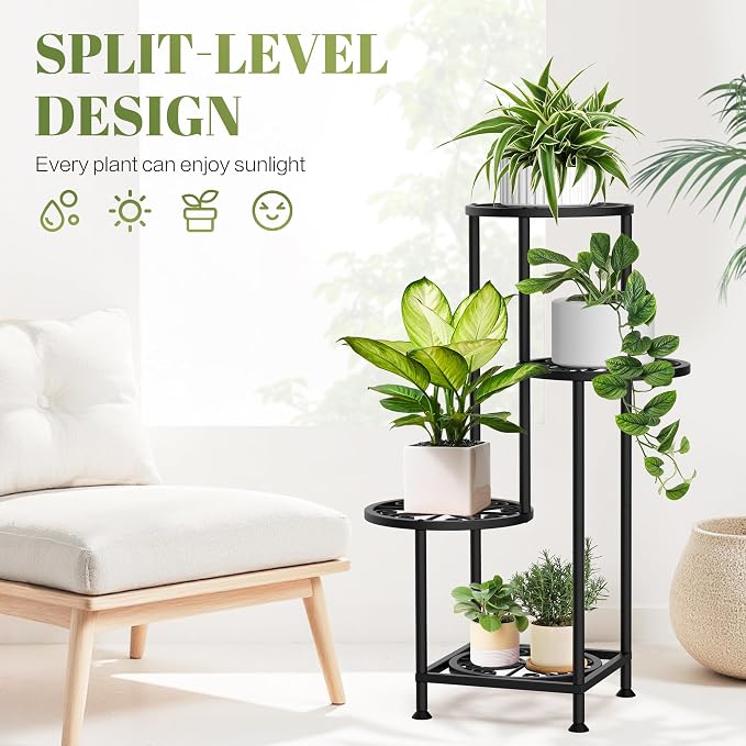 4 Tier Plant Stand Indoor Outdoor, Metal Flower Shelf Display Holder, Multiple Plants Corner Tall Flower Holders for Patio Balcony Porch Garden Living Room (Black)