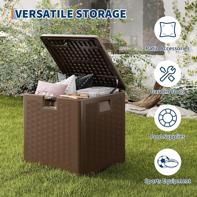 28 Gallon Outdoor Storage Box, Large Resin Deck Box with Lockable Lid & UV Resistant, All-Weather Deck Box for Patio Furniture, Pool Accessories, Gardening Tools, Brown