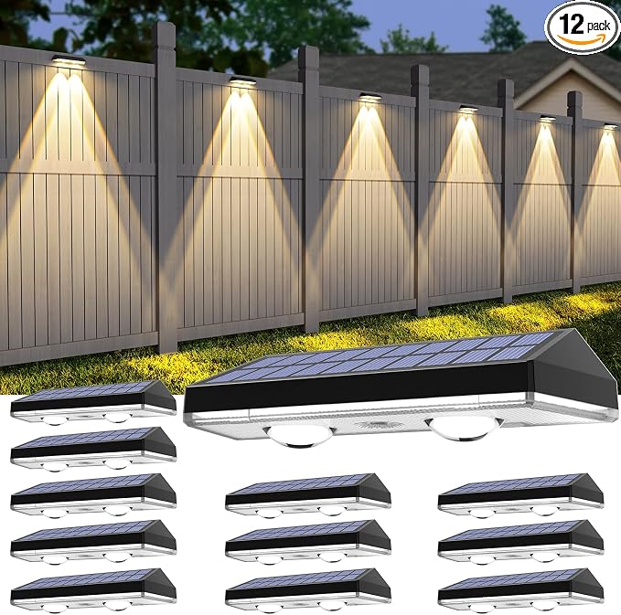 Solar Fence Lights Outdoor, 12 Pack Warm White & RGB 8 Colors Fence Lights Solar Powered Ultra-Bright LED Lens Waterproof Outdoor Solar Lights for Fence, Backyard, Railing, Patio, Wall, Step, Deck