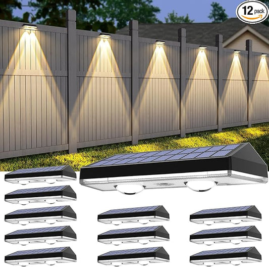 Solar Fence Lights Outdoor, 12 Pack Warm White & RGB 8 Colors Fence Lights Solar Powered Ultra-Bright LED Lens Waterproof Outdoor Solar Lights for Fence, Backyard, Railing, Patio, Wall, Step, Deck