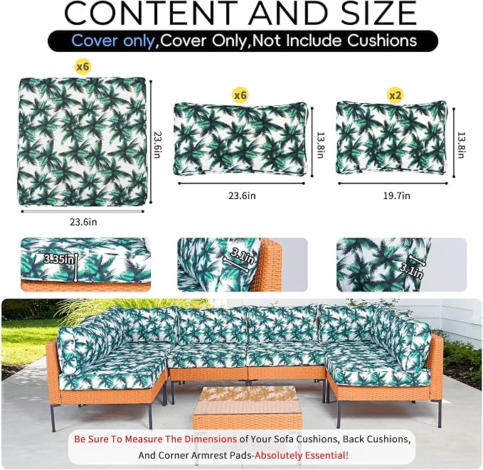 14 Piece Outdoor Patio Cushion Covers Replacement Waterproof with Zipper for 6-Seater Sectional Couch Chair Patio Furniture Conversation Sofa Seat Cushions Slipcovers Set, Only Cover