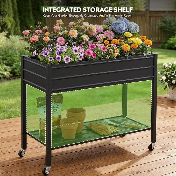 32" Tall Galvanized Raised Garden Bed with Legs Wheels & Shelf, Elevated Planter Box Outdoor for Vegetables, Herbs & Flowers, Patio & Backyard, Garden Bed with 400lb Capacity，Black