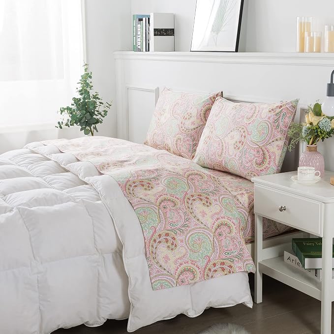 FADFAY Egyptian Cotton Sheets Twin Pink Paisley Bedding Sets Deep Pocket Fitted Sheet Set 800TC Soft Skin-Friendly Natural Bed Sheets (4Pcs, Twin Size)