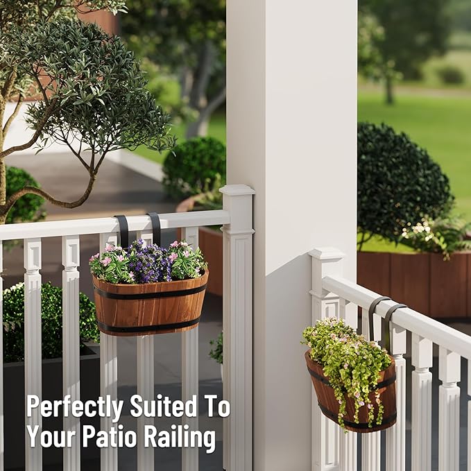 Hanging Wooden Flower Pots, Railing Planter for Any Balcony, Porch or Deck Countryside Style with Detachable Hooks for Garden Yard Home Decor (Brown)