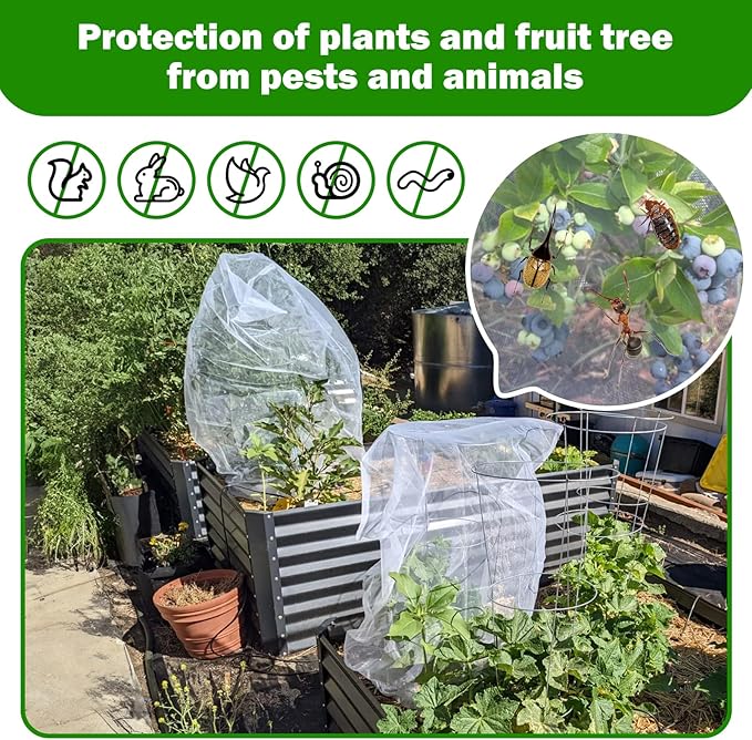 2 PCS Large Fruits Tree Netting Cover for Garden 10 x 10 ft Garden Insect Bird Barrier Plant Netting for Tomato Blueberry Bush Netting Covers Deer Cicada Netting Cover Bag with Drawstring
