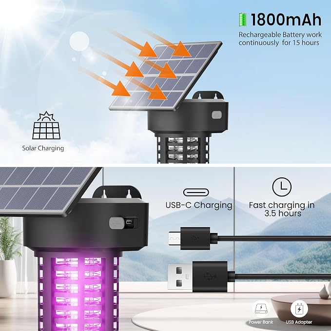 Solar Powered Bug Zapper Light 2 Pack Waterproof Outdoor Mosquito Killer Lamp Auto On/Off Cordless Garden Mosquito Zapper,Black