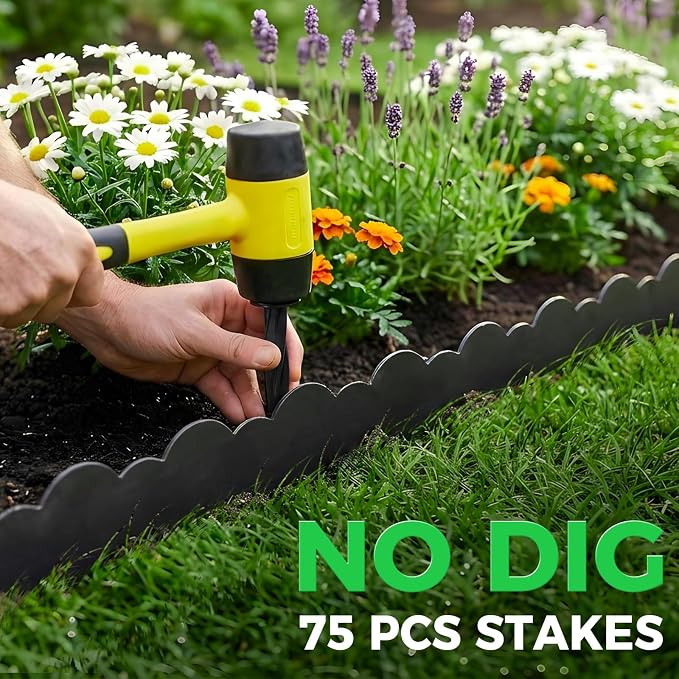 50 FT Landscape Edging Border with 75 Spikes, 2.8 Inch Tall Garden Edging Border, Flexible Plastic No Dig Lawn Edging Border for Flower Beds Landscaping Yard Pathway Paver Tree Fence Edging (Black)
