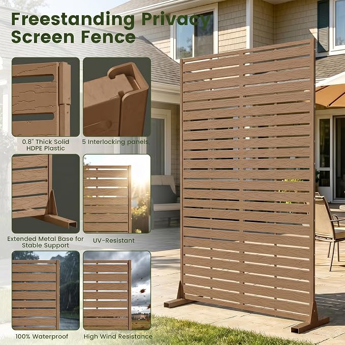 Outdoor Privacy Screen 60" H HDPE Decorative Panel Freestanding Privacy Fence with Stand, Privacy Screens with Louvered 5 Panels, Weather-Resistant Panel Fence for Patio,Balcony,Pool,Brown