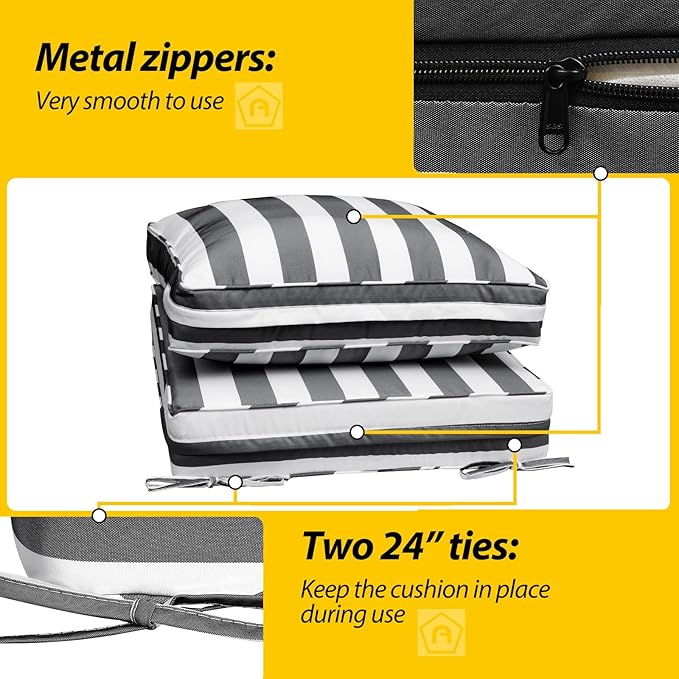 AAAAAcessories Outdoor Deep Seat Cushions with Double Welted Pillow, Waterproof, Fade-Resistant Patio Furniture Replacement Cushions, 24" x 24" x 5" + 24" x 19", Gray Cabana Stripe