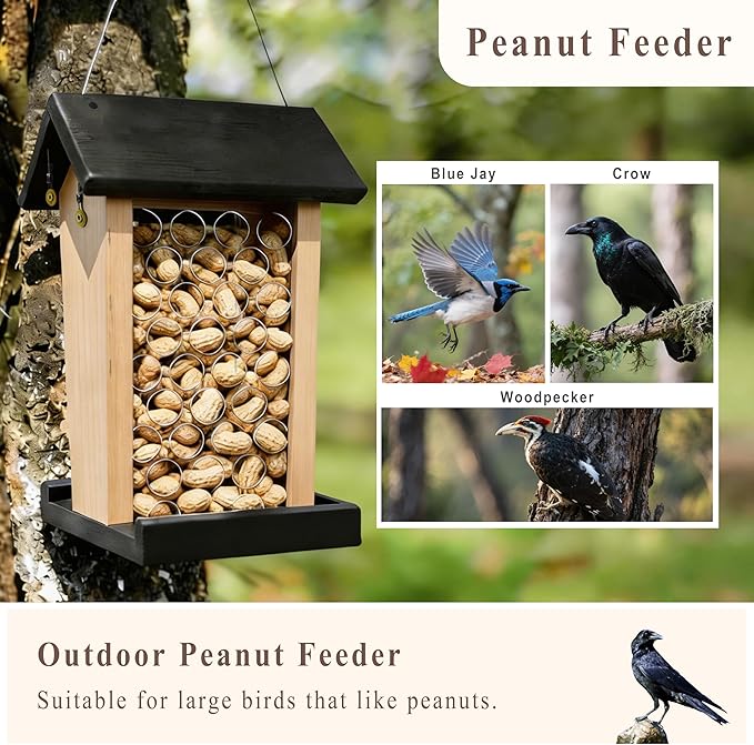 Crow Feeder - Hanging Whole Peanut Bird Feeder, Durable Solid Wood, Attracts Crows, Woodpeckers, Large Birds & Blue Jays - Outdoor Garden, Yard Use