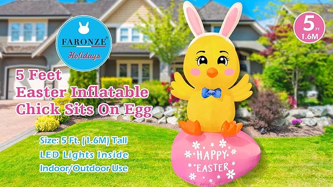 Easter Inflatable Chick On Egg Happy Easter Blow up Outdoor Decoration with LED Lights, Yard Garden Lawn Outdoor Decoration Front Door Holiday Decor (5Ft Chick Sits on Egg)