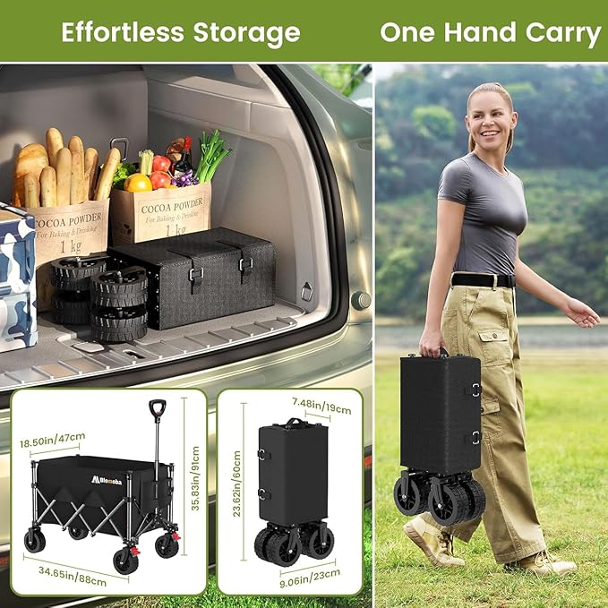 Blomoba Collapsible Wagon Cart, 150L Heavy Duty Foldable Beach Wagon with Wider Wheels & Auto-Rebound Handle, Utility Grocery Shopping Cart for Garden, Shopping, Camping, Sports, Black