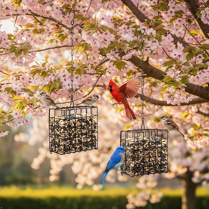 Metal Suet Bird Feeder 2-Pack - Wire Mesh Cage for Suet Blocks, Fruit & Seeds - Rust Resistant Outdoor Hanging Feeder for Woodpeckers, Chickadees & Wild Birds