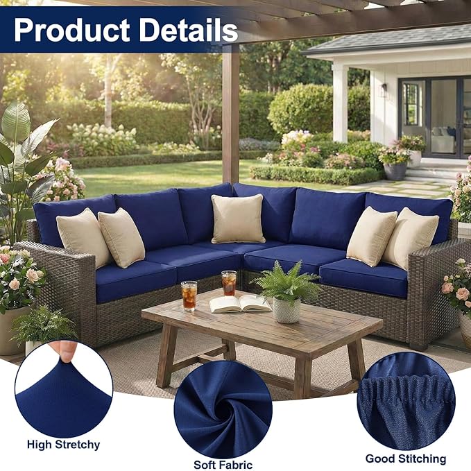 Smiry Waterproof Patio Cushion Covers, Stretch Outdoor Couch Slipcovers Replacement Washable Furniture Protector Sofa Chair Seat Cover for Dogs and Pets (8 Pcs, Navy Blue)