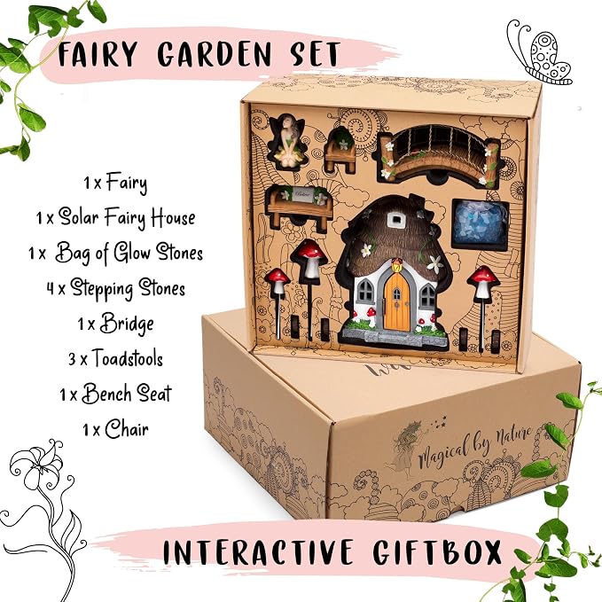 WILD PIXY Fairy Garden Kit - 13 Piece Glow in the Dark Decorative Accessories with 7.1" Outdoor Fairy House with Opening Door and Solar LED Light, Garden Door for Trees, Stones, Indoor/Outdoor Decor