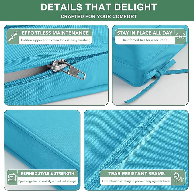 Summsun Waterproof Outdoor Cushions for Patio Furniture, Fade Resistant Backrest and Deep Seat Cushion Set with Removable Cover, 24 x 24 Inch, Teal, 1 Set