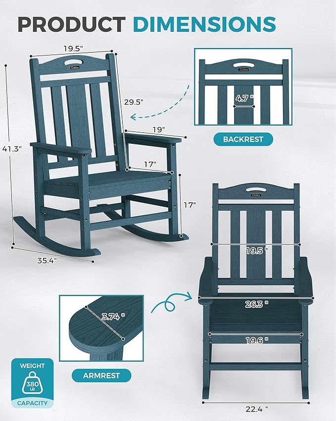 Ciokea Oversized Outdoor Rocking Chair, 380lbs Heavy-Duty Large Patio Rocker, Weather Resistant & Anti-Fade Porch Chair, High Back Cozy Rocking Chair for Outside, Fire Pit, Deck, Garden, Slate Blue