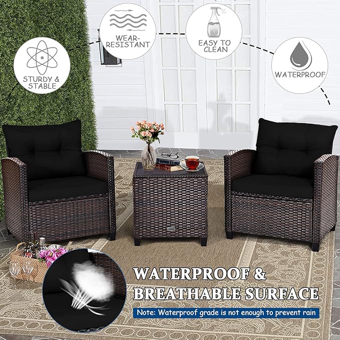 COSTWAY 3PCS Patio Furniture Set, PE Rattan Wicker Sofa w/Washable Cushion and Coffee Table, Tempered Glass Tabletop, Outdoor Conversation Set for Balcony, Porch, Yard, Backyard, Lawn, Black