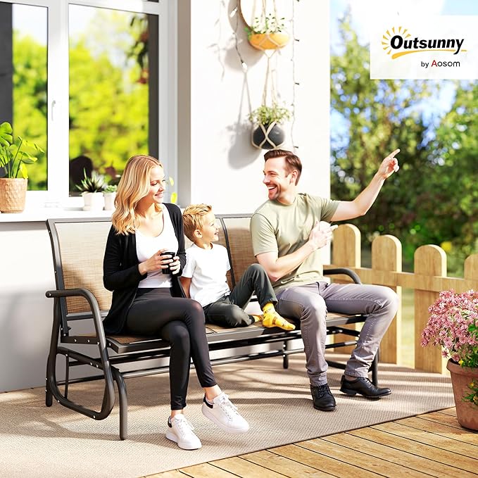 Outsunny 3-Person Patio Glider Bench, Outdoor Porch Glider Swing with 3 Seats, Breathable Mesh Fabric, Metal Frame, Light Mixed Brown
