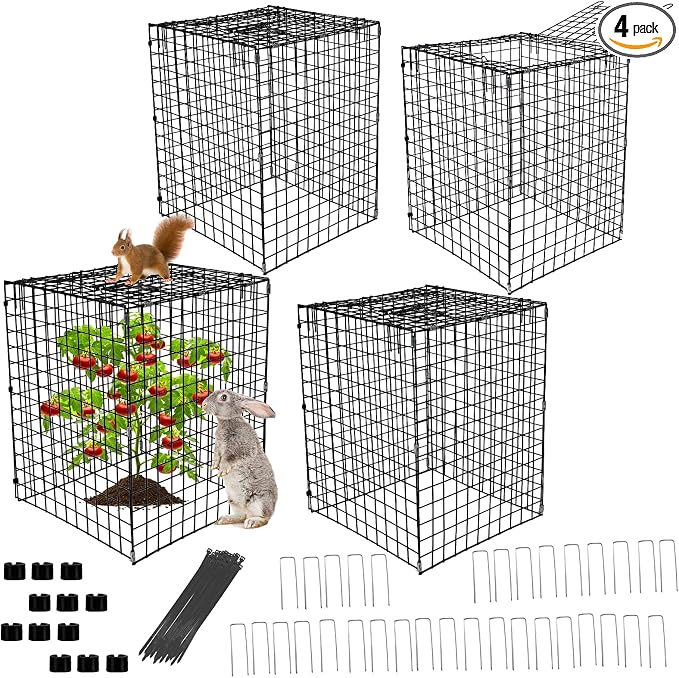 Garden Wire Cloches For Plants Extra Large 13.2" X13.2" X16.7" Rustproof Plant Cages For Outdoor Plants Protectors From Animals With Openable Top Cover & Stakes Plant Cages To Keep Animals Out (4 PCS)