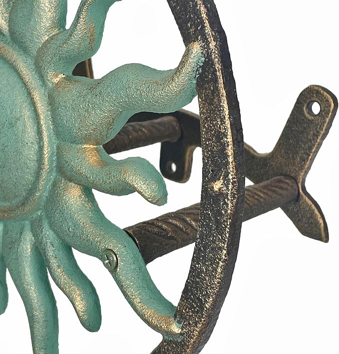 Zeckos Decorative Sun Cast Iron Hose Holder Verdigris & Bronze Finish, 11.5 in Heavy Duty Wall Mount Hose Reel, Outdoor Garden Storage Rack for Patio, Lawn, Yard, Weather Resistant, Hardware Included