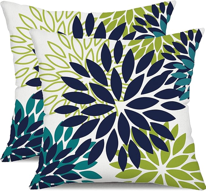 DFXSZ Navy Blue Flower Pillow Covers 16x16 Inch Set of 2 White Gray Colored Throw Pillows Outdoor Waterproof Decor for Living Room Sofa Patio Funiture Garden Floral Polyester Pillow Covers 002P16
