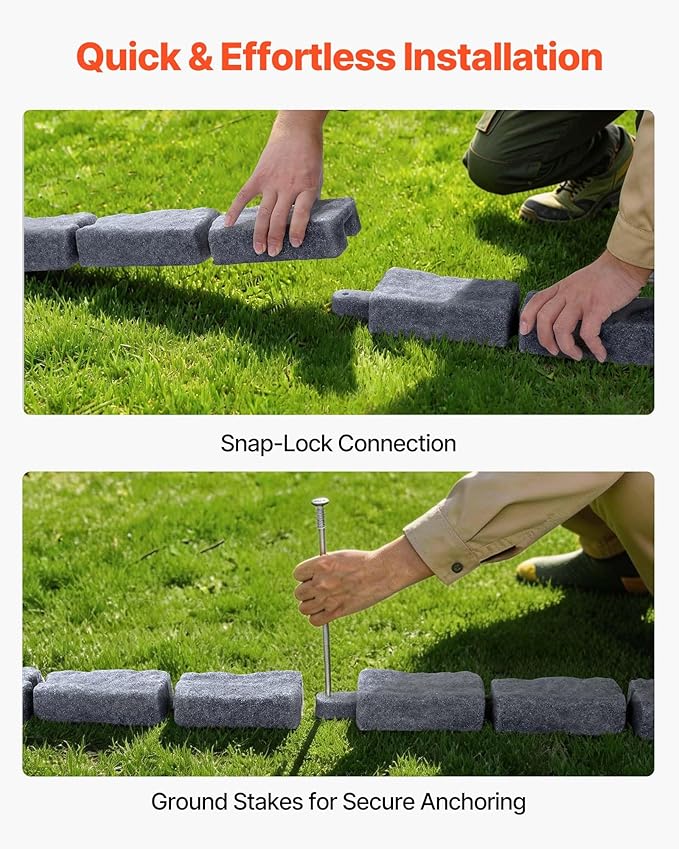 VEVOR Faux Stone Landscape Edging, 15.5 ft Kit, No Dig Garden Edging Border, Blocks for Lawn, Flower Beds, Yards, 4 Pack Each Section Has 6 Bricks 46.46"L x 3.74"W x 2.24"H, 12 Spikes & End Cap, Gray
