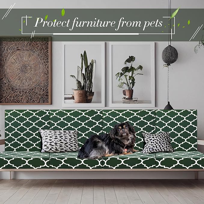 Newwiee 4 Pcs Waterproof Outdoor Cushion Covers for Patio Furniture Stretch Outdoor Couch Cushion Covers Replacement Moroccan Pattern Chair Seat Sofa Slipcovers Soft Flexibility Protector(Dark Green)