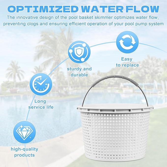 8" Pool Skimmer Basket Replacement for Pentair U-3 & Hayward SP1070 | Heavy-Duty Inground Pool Basket with Weighted Metal Base & 316 Stainless Steel Handle