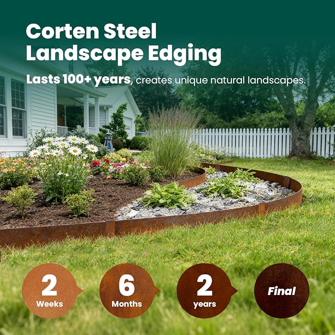 Corten Steel Edging 6 Pack 10" H x 40" L Metal Garden Edging, Metal Landscape Edging Hammer-in Steel Landscaping Thickened Pre-Rusted Steel Edging with 6 Clips and Gloves for Lawn Yard (20Ft Total)